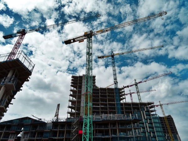 Commercial construction site with office building development